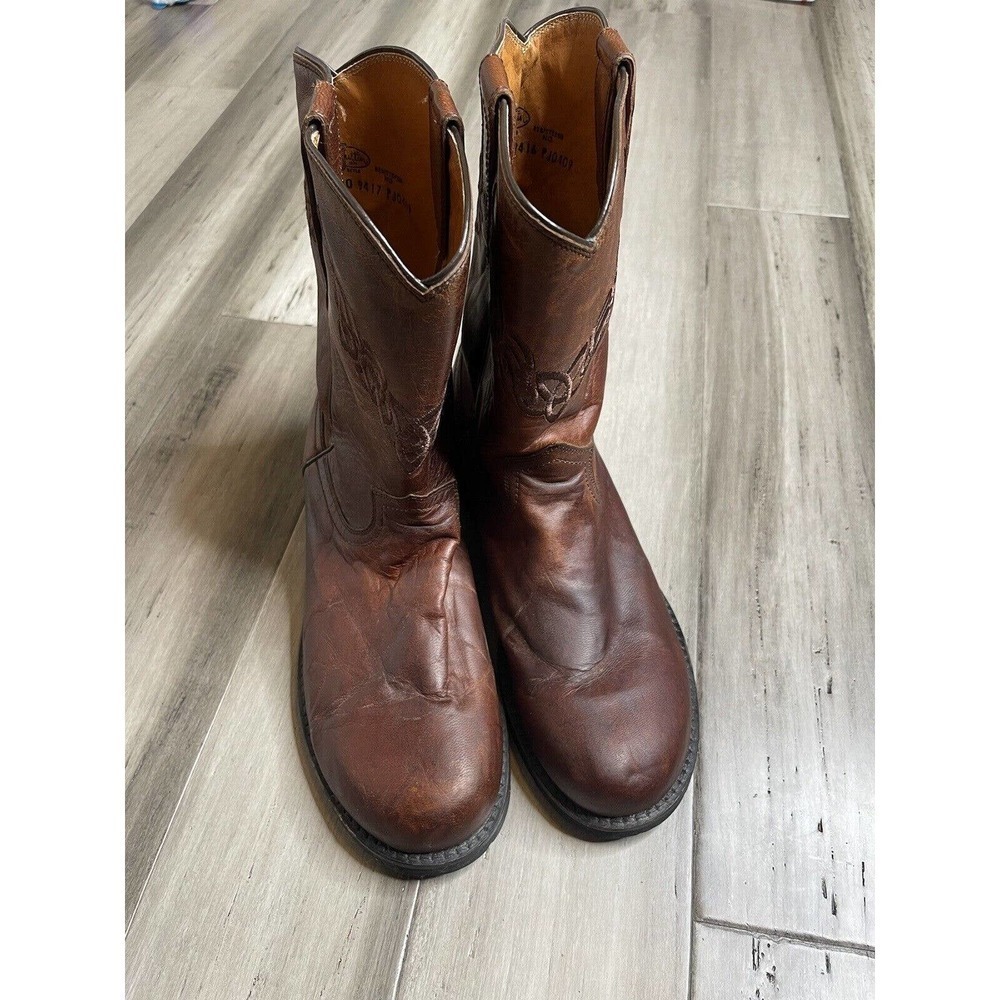 Men's Justin Leather Cowboy Boots Embroidered Round Toe Brown Size 10